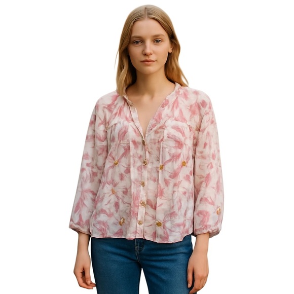 Color Block Tops - Color Block Pink White Floral Split Neck Blouse Medium
